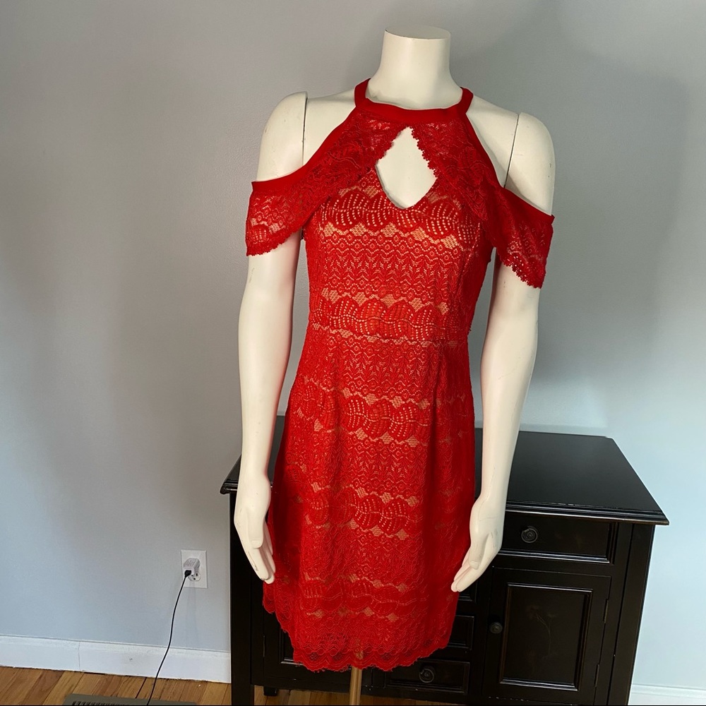 Francesca’s Cold Shoulder Red Lace Dress